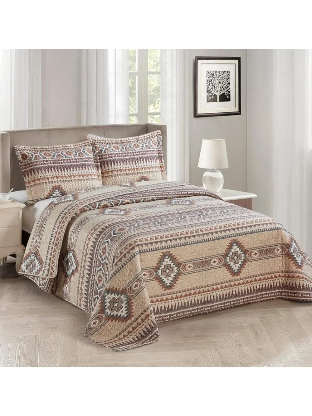 Rustic Southwest Quilted Western Bedspread Bedding Set in Brown Beige Taupe Char
